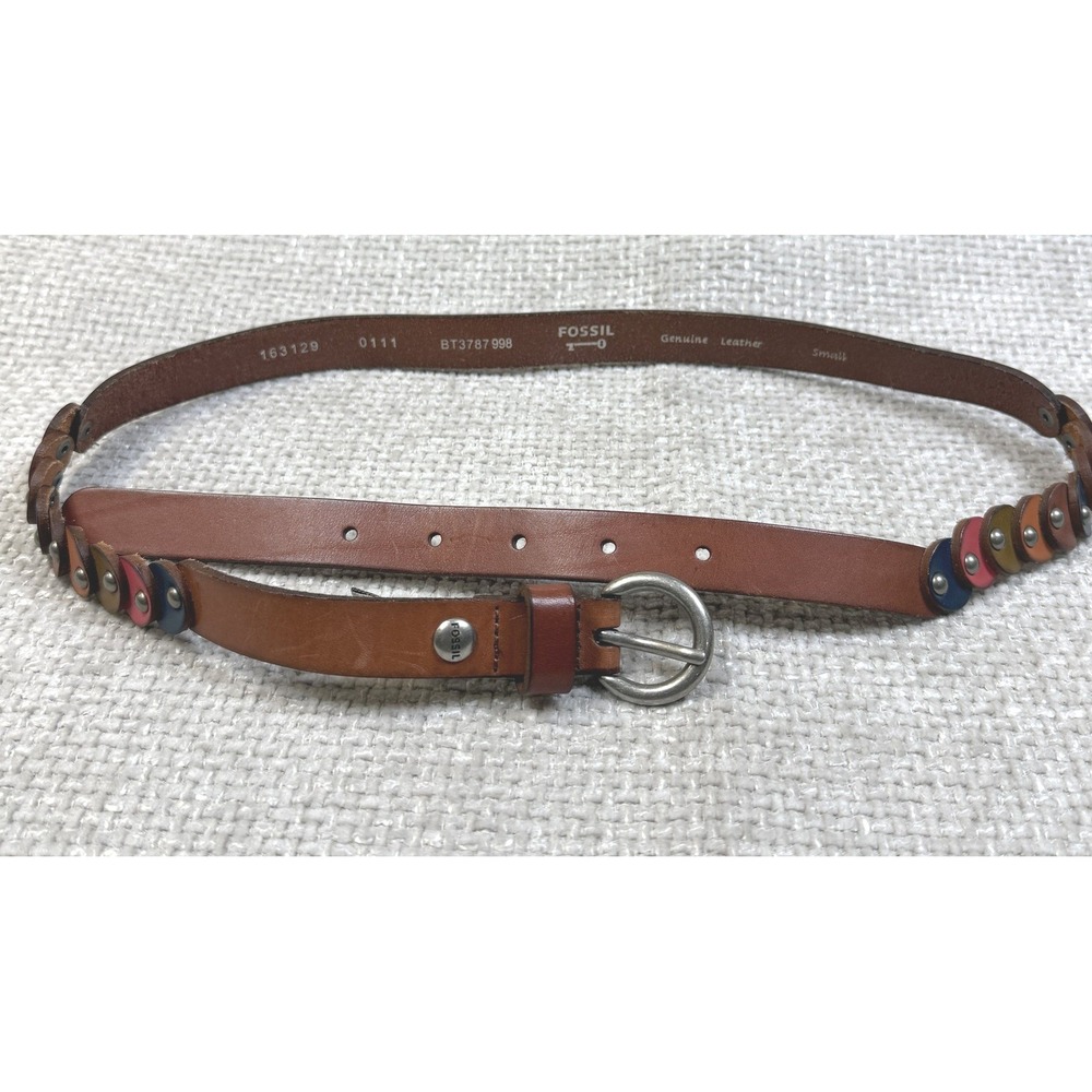 Fossil Brown Leather Belt Multicolor Disc Studs Womens Small 36 in Boho